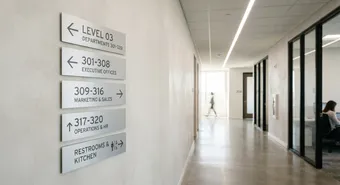 Señalética corporativa y wayfinding instalada en un corredor de oficinas